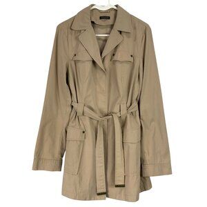 Tahari Beige Long Sleeve V-Neck Button Up Belted Trench Coat Size M
